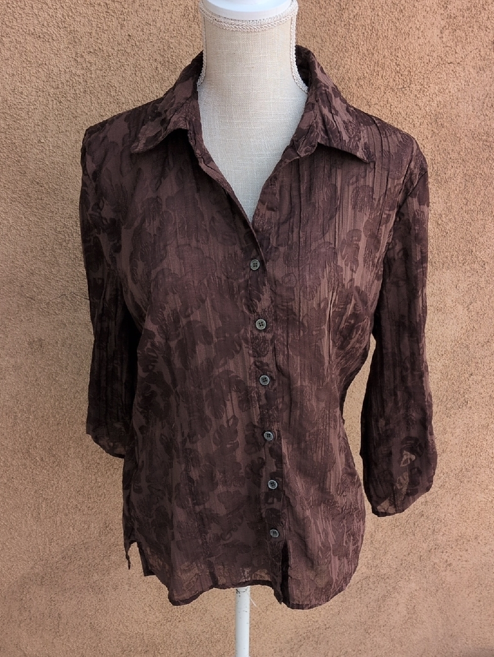 Vintage 90's Fred David Cotton Blend Chocolate Brown Fall Leaves Button Down Top